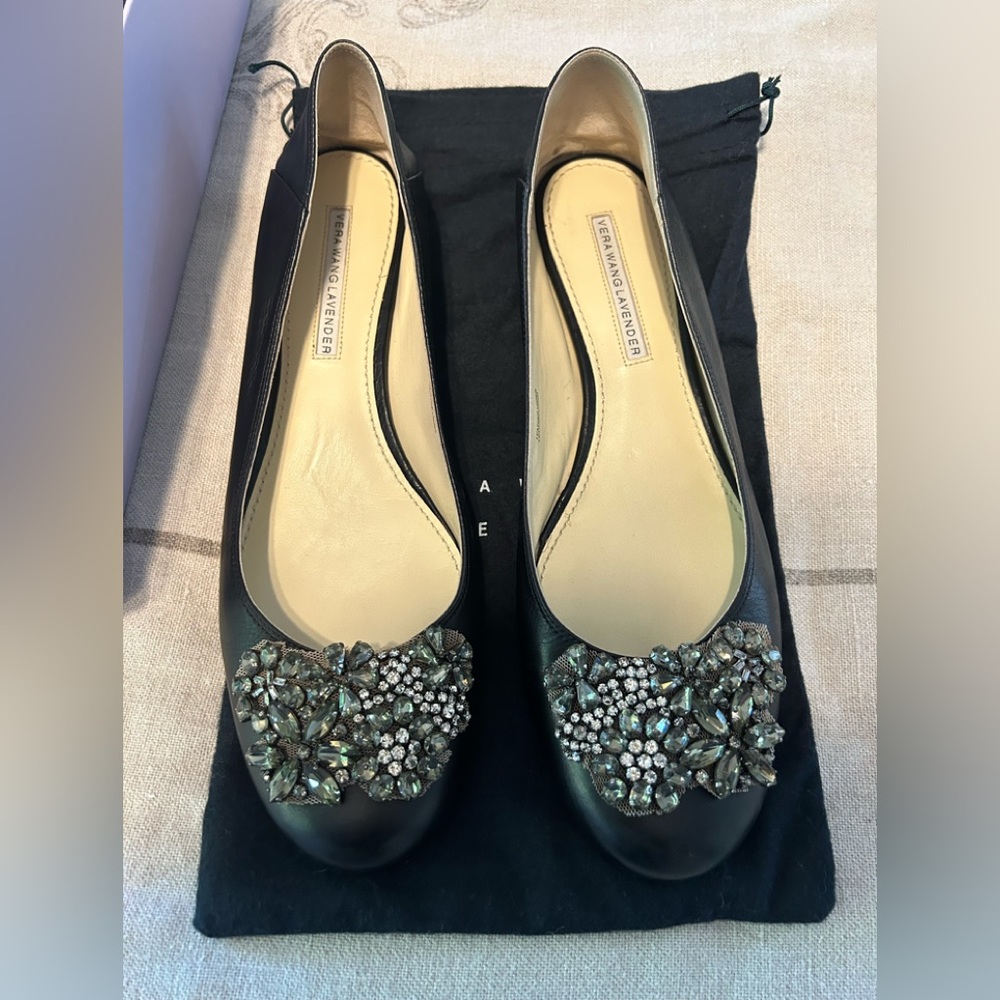 Vera Wang Lavender crystal embellished black leather flats, size 9 1/2